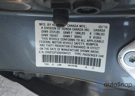 2016 Honda Civic Lx z USA, uszkodzony, nr VIN 2HGFC2F52GH544121